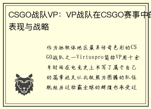 CSGO战队VP：VP战队在CSGO赛事中的表现与战略