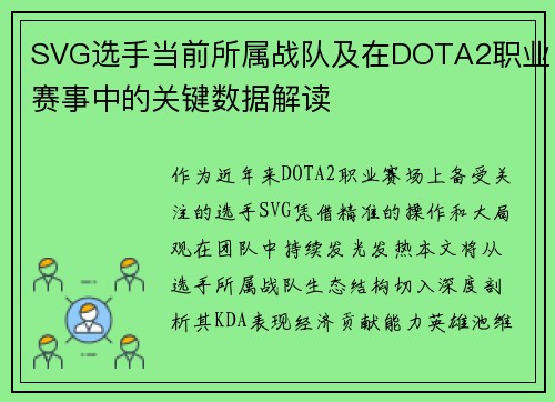 SVG选手当前所属战队及在DOTA2职业赛事中的关键数据解读