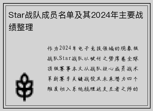 Star战队成员名单及其2024年主要战绩整理